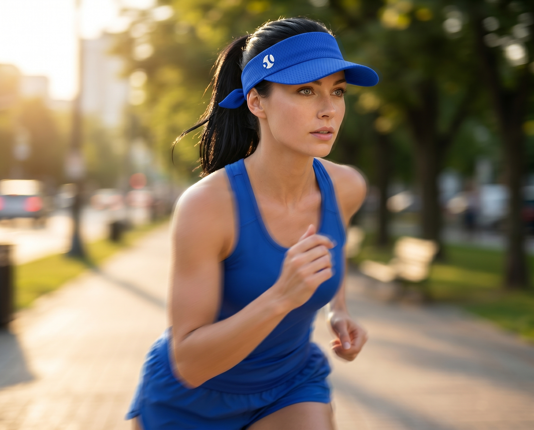 Mujer corriendo al aire libre con visera deportiva azul rey Soledad García