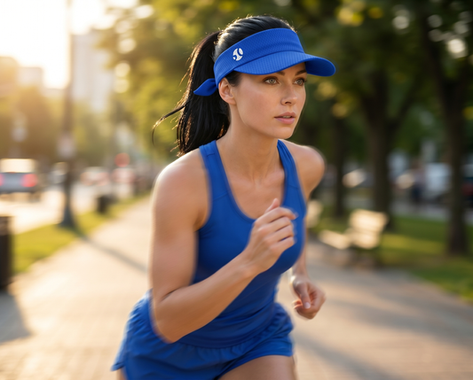 Mujer corriendo al aire libre con visera deportiva azul rey Soledad García