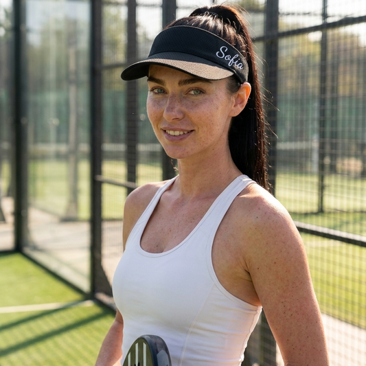 chica en cancha de padel usando visera deportiva personalizada de soledad garcia store