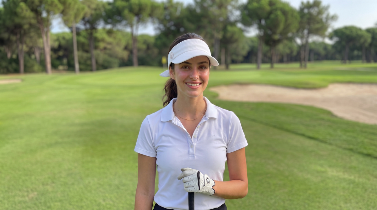 Golfista con visera deportiva blanca de Soledad García en campo de golf